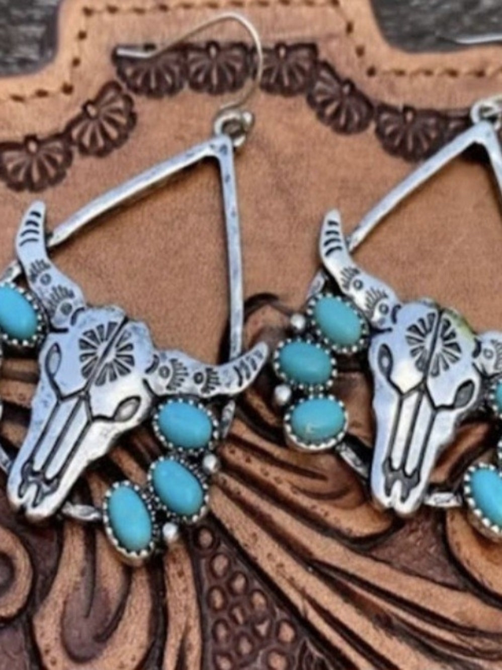 Wrangler Turquoise Silver-Tone Bull Skull Drop Earrings
